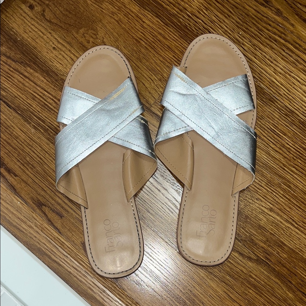 Franco Sarto Silver Metallic Crisscross Slide Sandals